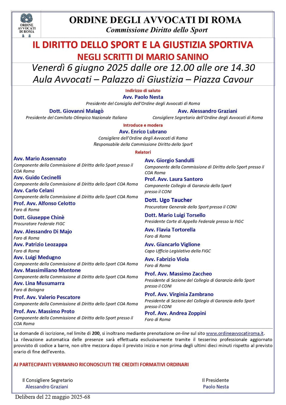 06.06.2025 ORE 12.00 | - IL DIRITTO DELLO SPORT E LA GIUSTIZIA SPORTIVA NEGLI SCRITTI DI MARIO SANINO