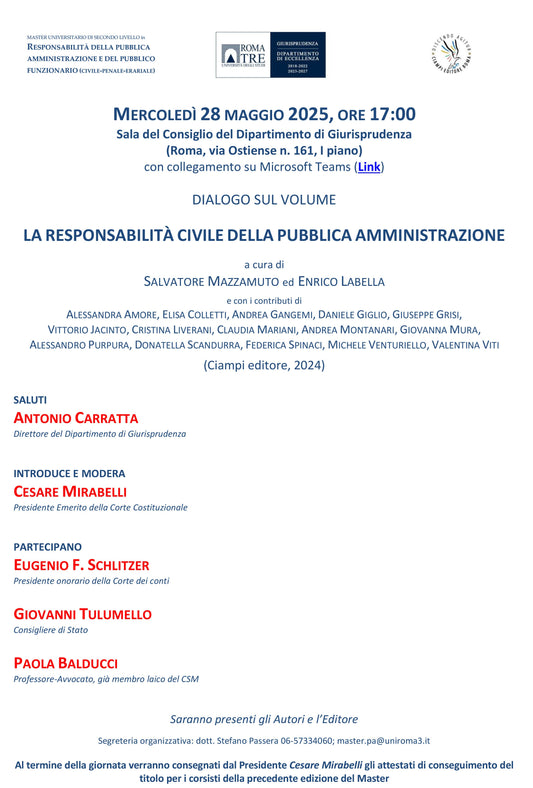 28.05.2025 ORE 17,00 | PRESENTAZIONE DEL VOLUME "LA RESPONSABILITÀ CIVILE DELLA PUBBLICA AMMINISTRAZIONE"