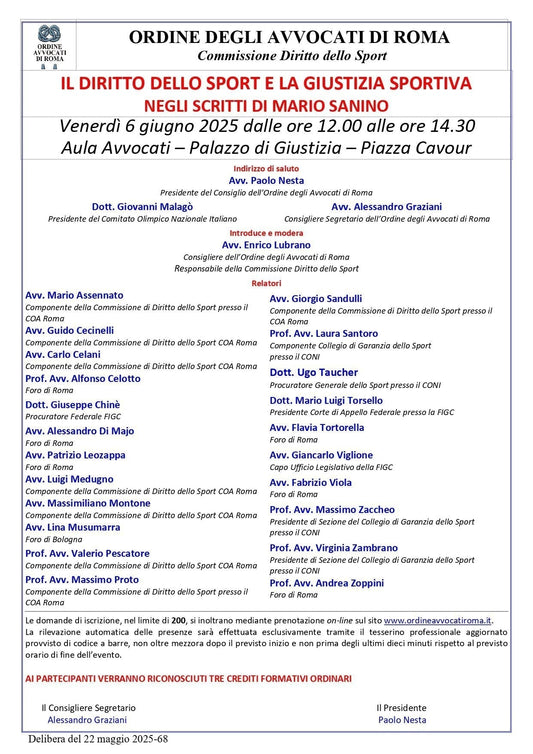 06.06.2025 ORE 12.00 | - IL DIRITTO DELLO SPORT E LA GIUSTIZIA SPORTIVA NEGLI SCRITTI DI MARIO SANINO